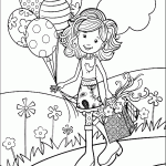 ילדה מטיילת עם פרחים ובלונים