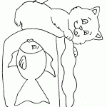 דף צביעה חתול מבחין בדג באקווריום