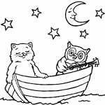דף צביעה שני חתולים שטים בליל ירח