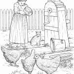 ילדה מפזרת זירעונים לתרנגולות