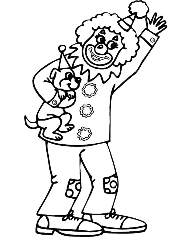 ליצן מחזיק בידו כלבלב