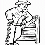 דף צביעה קאובוי נשען על גדר עץ