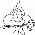 דף צביעה דינוזאור מגיש פרחים בפיו