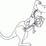 דף צביעה דינוזאור אוחז בזר פרחים