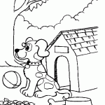 דף צביעה כלב וכדור בפתח המלונה