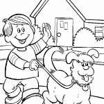 דף צביעה ילד מטייל עם כלבו