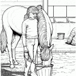 דף צביעה אישה ליד סוס שותה