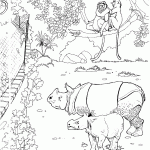 דף צביעה קופים וקרנפים בג'ונגל