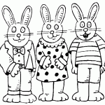 דף צביעה שלושה ארנבים לבושים
