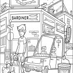 דף צביעה פלינט עם כלבו ליד חנות הסרדינים