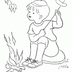 דף צביעה ילד מכניס תפוח אדמה למדורה