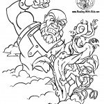 הענק מנסה להכות את ג'ק שנמצא על גבעול האפונים