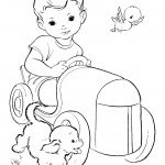 דף צביעה ילד נוהג במכונית צעצוע