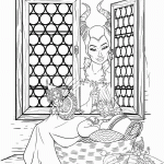 מליפיסנט מביטה בשלושת פיות הפרחים המטפלות בתינוקת אורורה